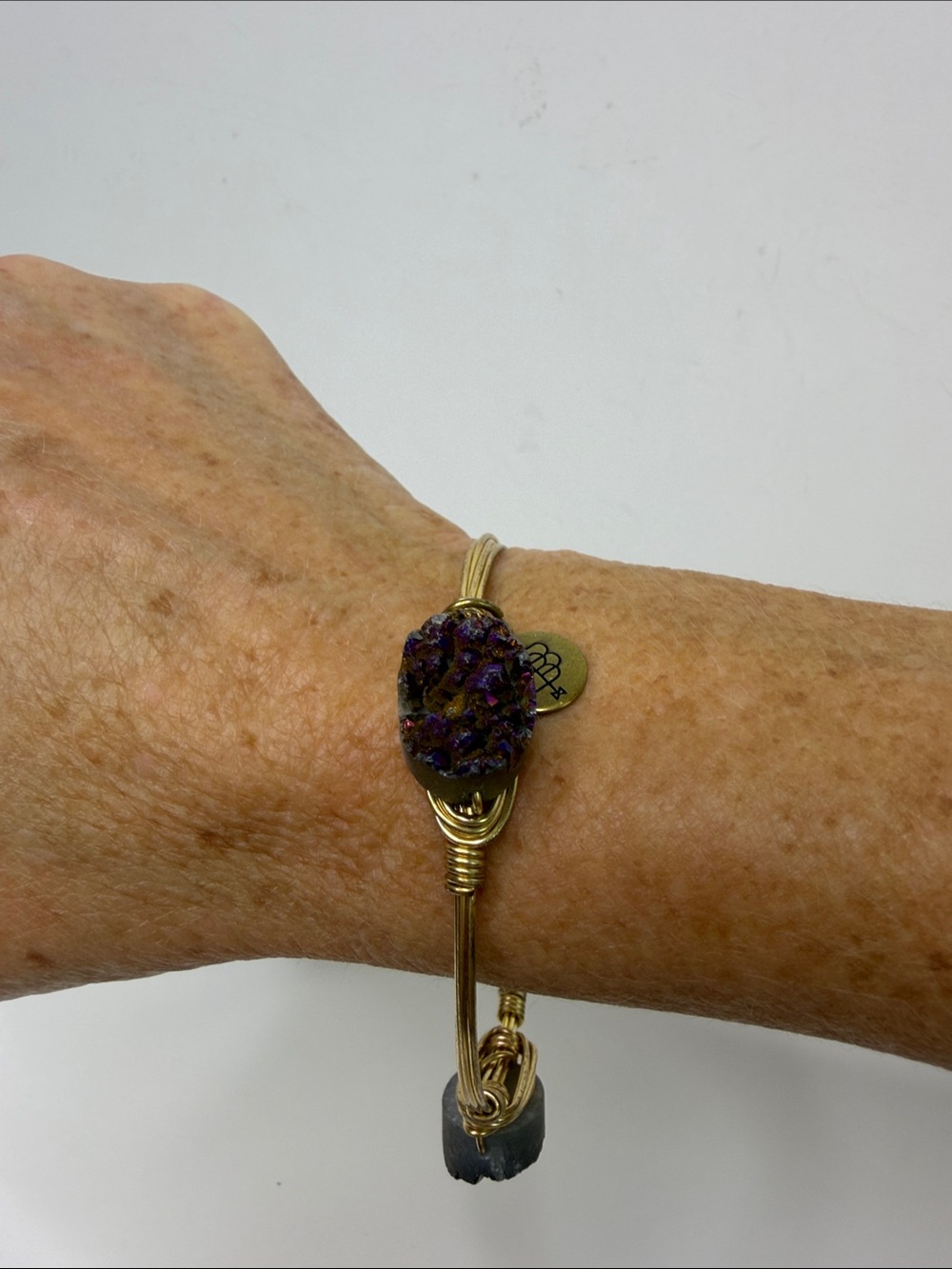 BOURBON AND BOWTIES Gold-Tone Wire Bangle Bracelet with Purple Hue Druzy Stones